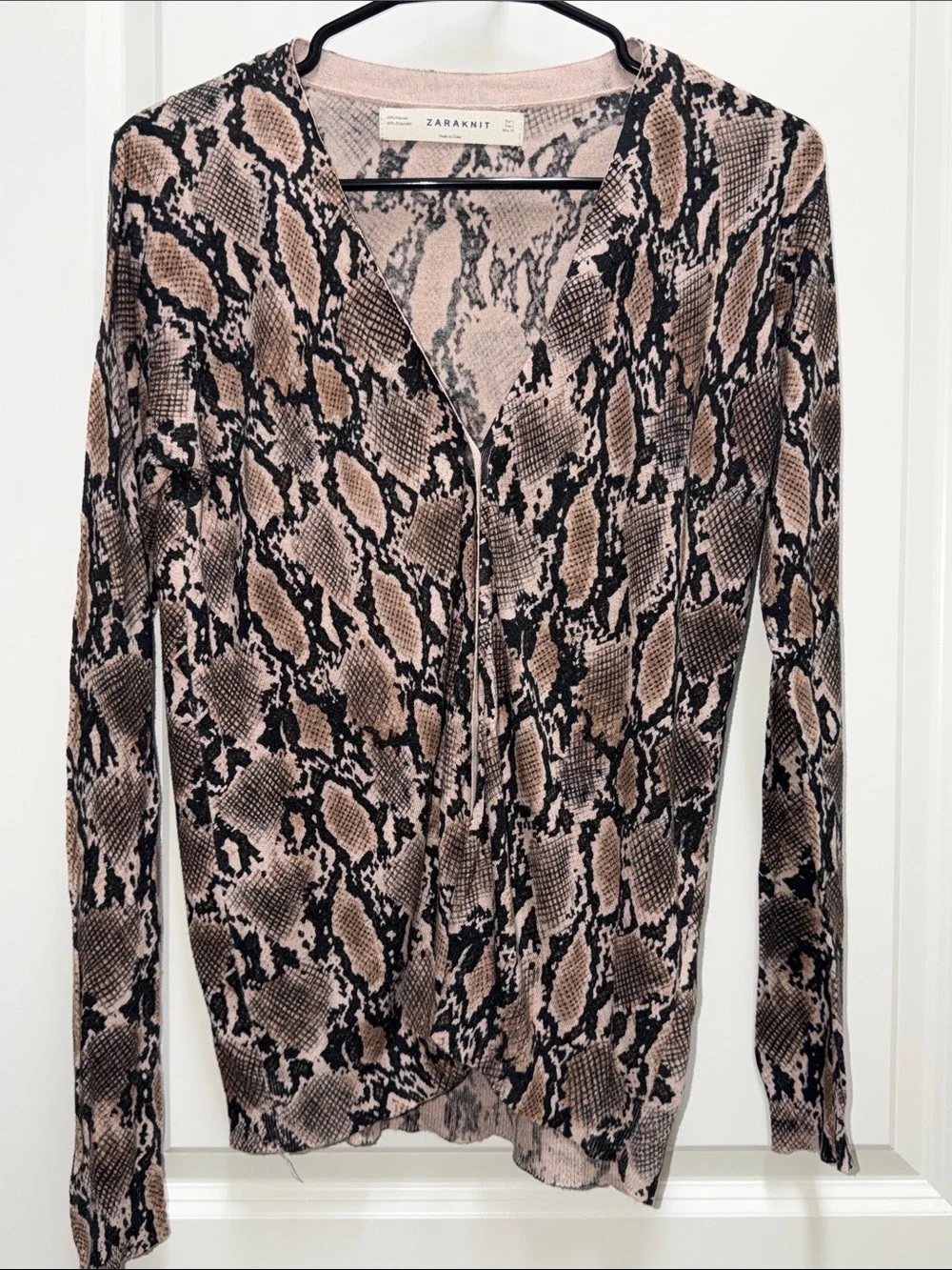 Zara Snake-Print Long Sleeve V-Neck Top in Pink and Tan